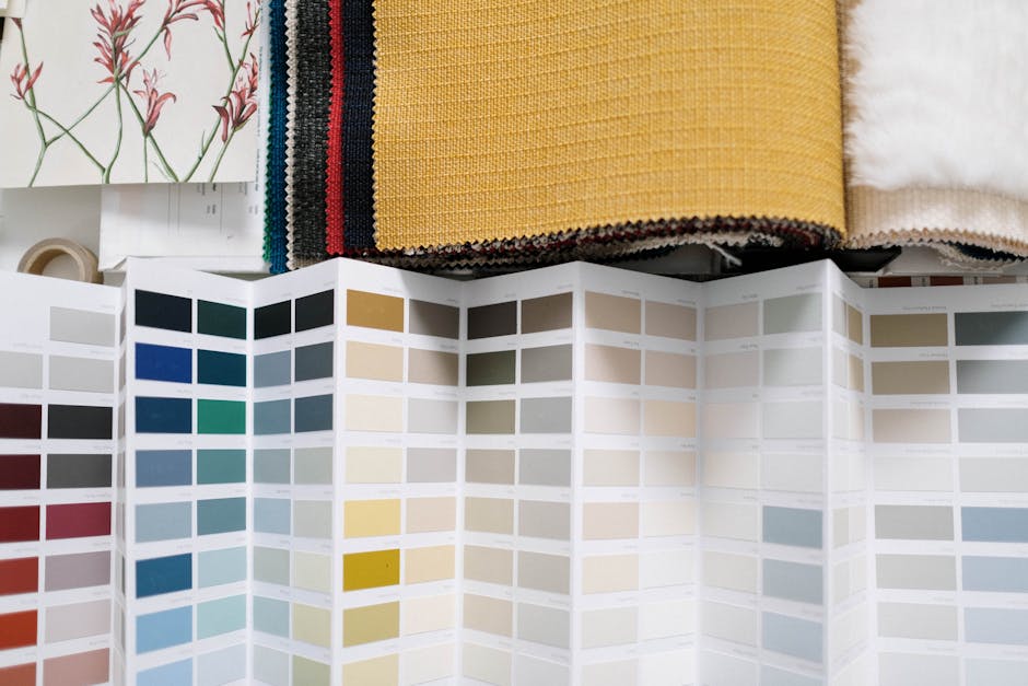 A variety of fabric swatches alongside a detailed color palette for design inspiration.